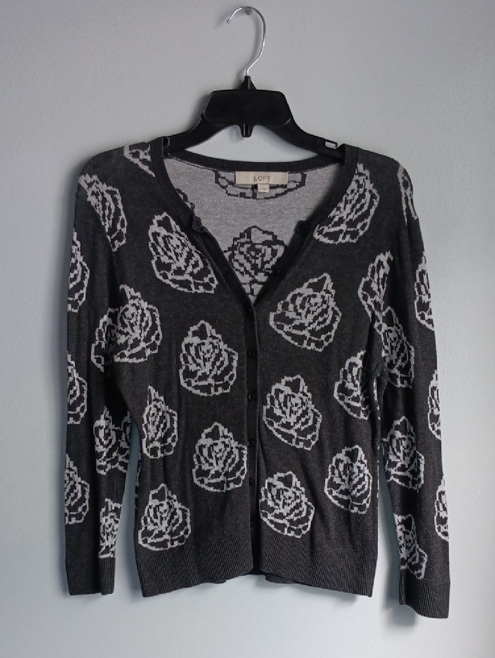LOFT Charcoal Gray Rose Jacquard Cotton Cardigan